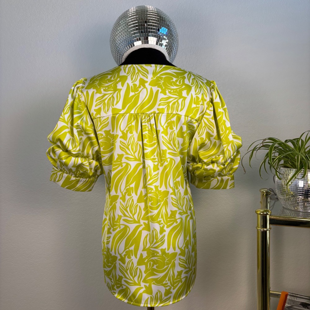CeCe Yellow White Floral V-Neck Puff Sleeve Blouse - Picture 4 of 13